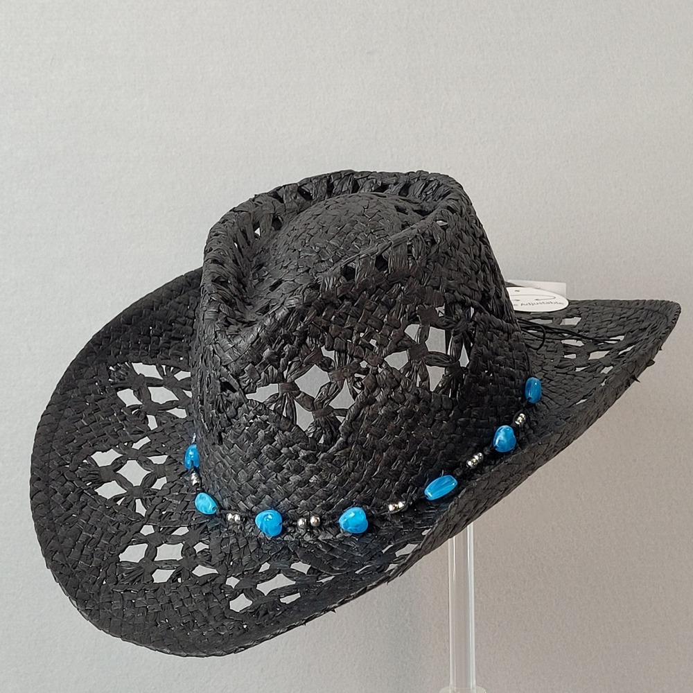 David & Young Cowboy Hat Black Straw Turquoise Bead Western Size Adjustable NWT